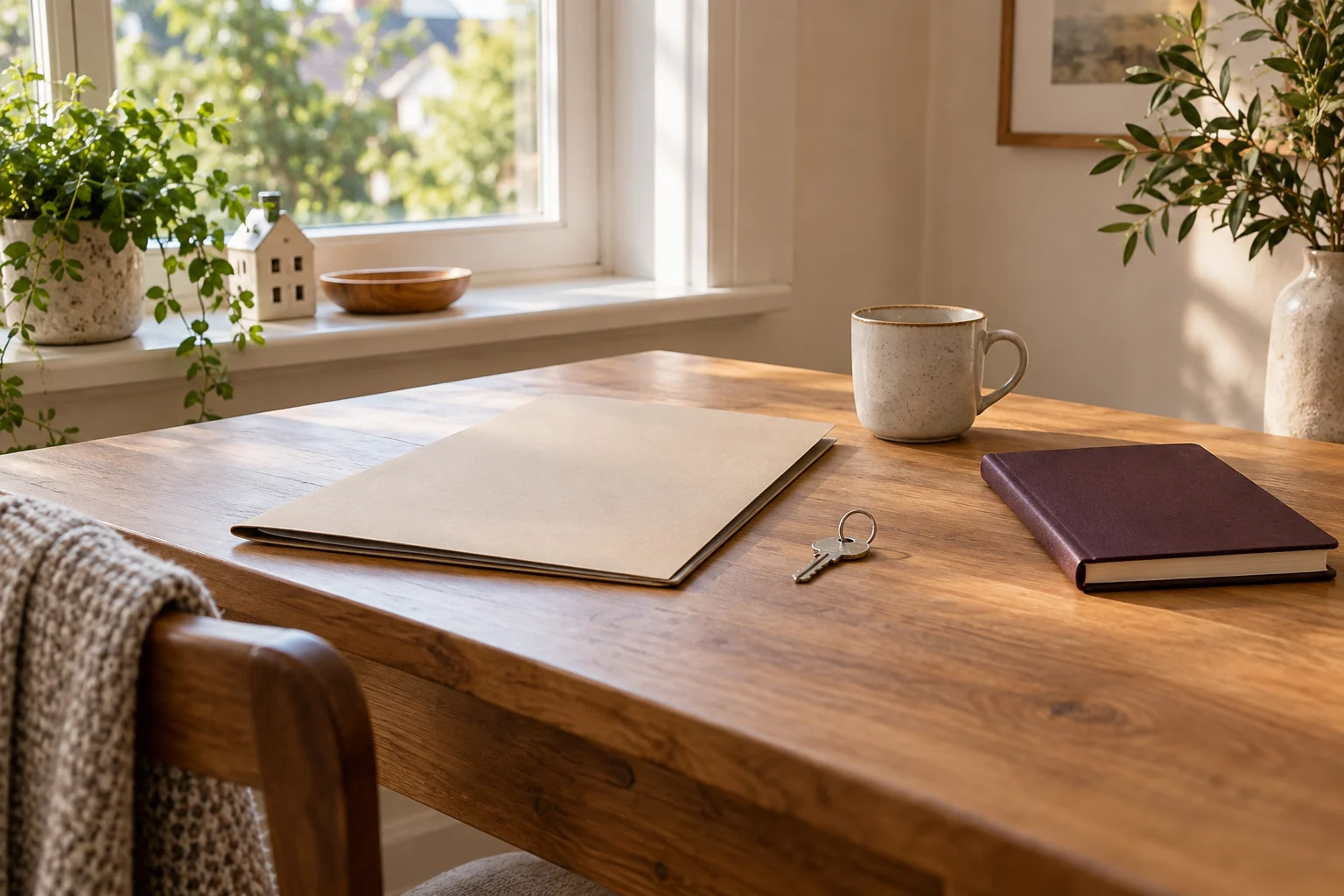 Schreibtisch am Fenster mit geschlossener Unterlagenmappe, Notizbuch, Hausschlüssel und Tasse.